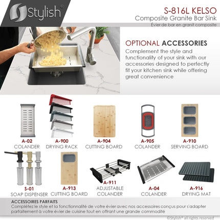 STYLISH 16 inch Dual Mount Single Bowl Gray Composite Granite Kitchen Sink with Strainer S-816L - Plumbing Market