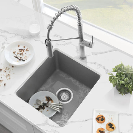 STYLISH 16 inch Dual Mount Single Bowl Gray Composite Granite Kitchen Sink with Strainer S-816L - Plumbing Market