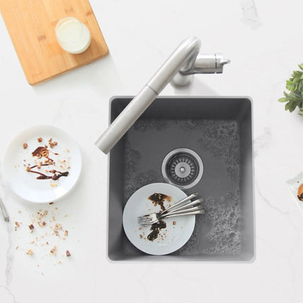 STYLISH 16 inch Dual Mount Single Bowl Gray Composite Granite Kitchen Sink with Strainer S-816L - Plumbing Market