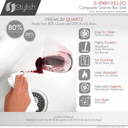 STYLISH 16 inch Dual Mount Single Bowl White Composite Granite Kitchen Sink with Strainer S-816H - Plumbing Market