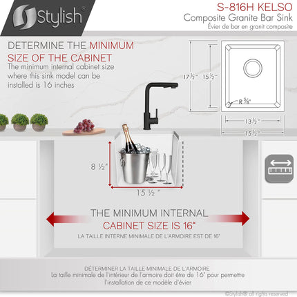STYLISH 16 inch Dual Mount Single Bowl White Composite Granite Kitchen Sink with Strainer S-816H - Plumbing Market