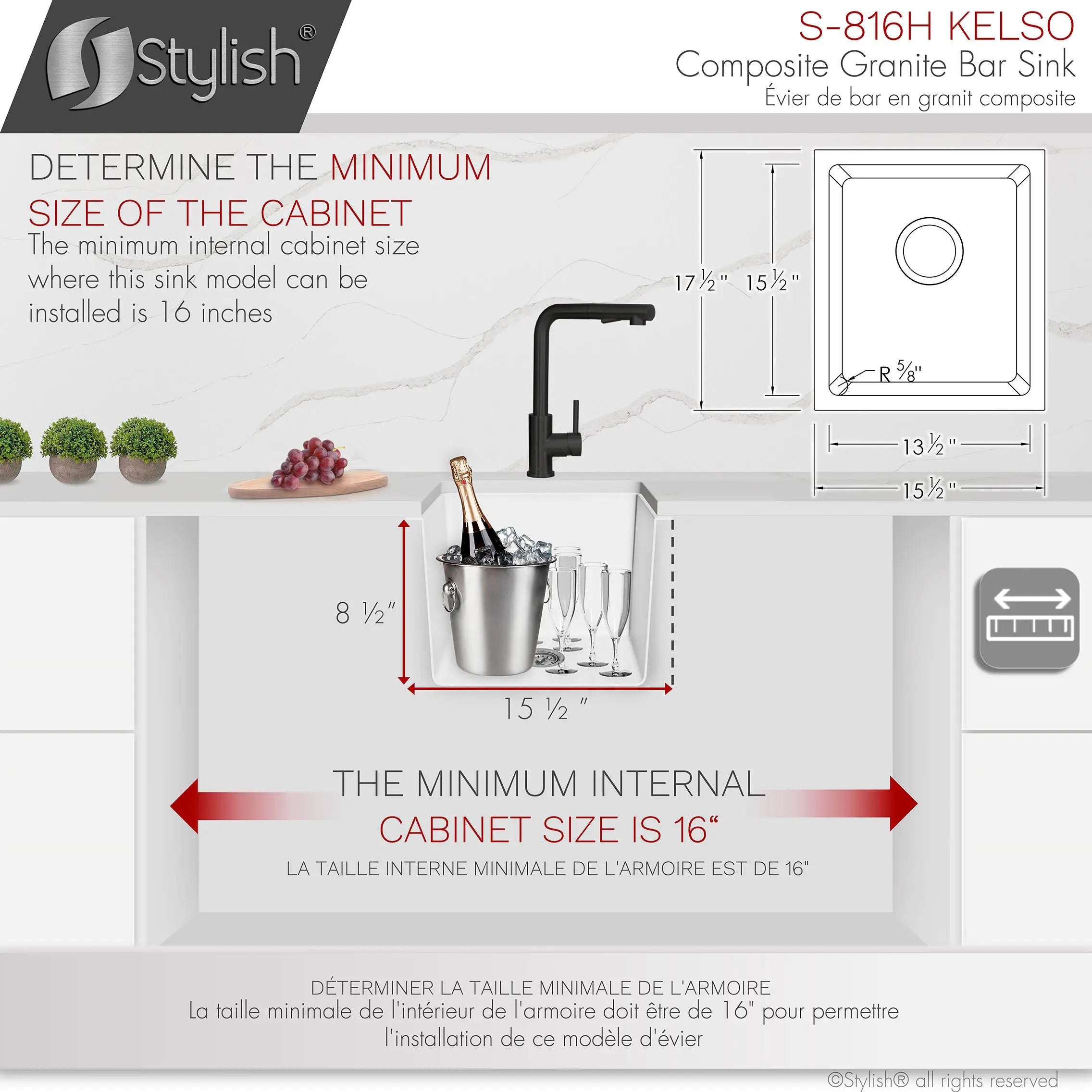 STYLISH 16 inch Dual Mount Single Bowl White Composite Granite Kitchen Sink with Strainer S-816H - Plumbing Market