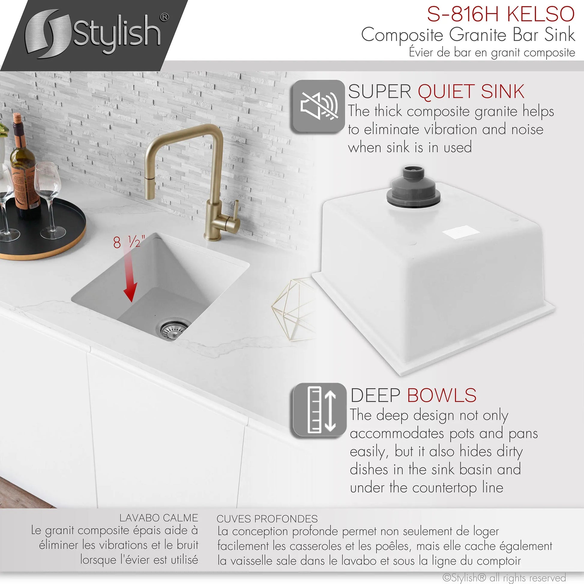 STYLISH 16 inch Dual Mount Single Bowl White Composite Granite Kitchen Sink with Strainer S-816H - Plumbing Market