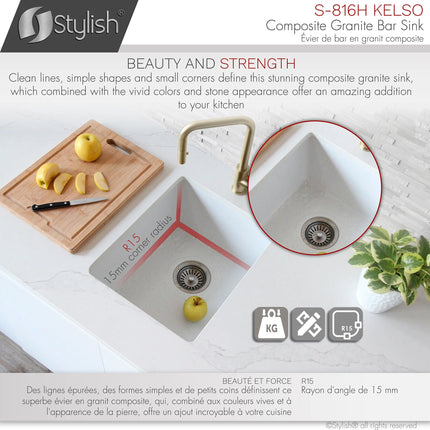 STYLISH 16 inch Dual Mount Single Bowl White Composite Granite Kitchen Sink with Strainer S-816H - Plumbing Market