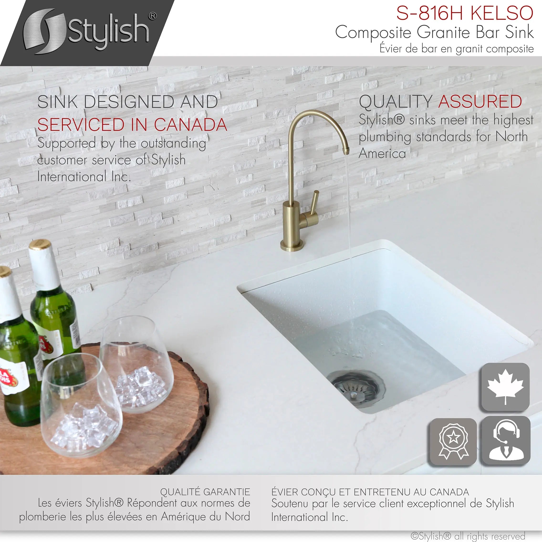 STYLISH 16 inch Dual Mount Single Bowl White Composite Granite Kitchen Sink with Strainer S-816H - Plumbing Market