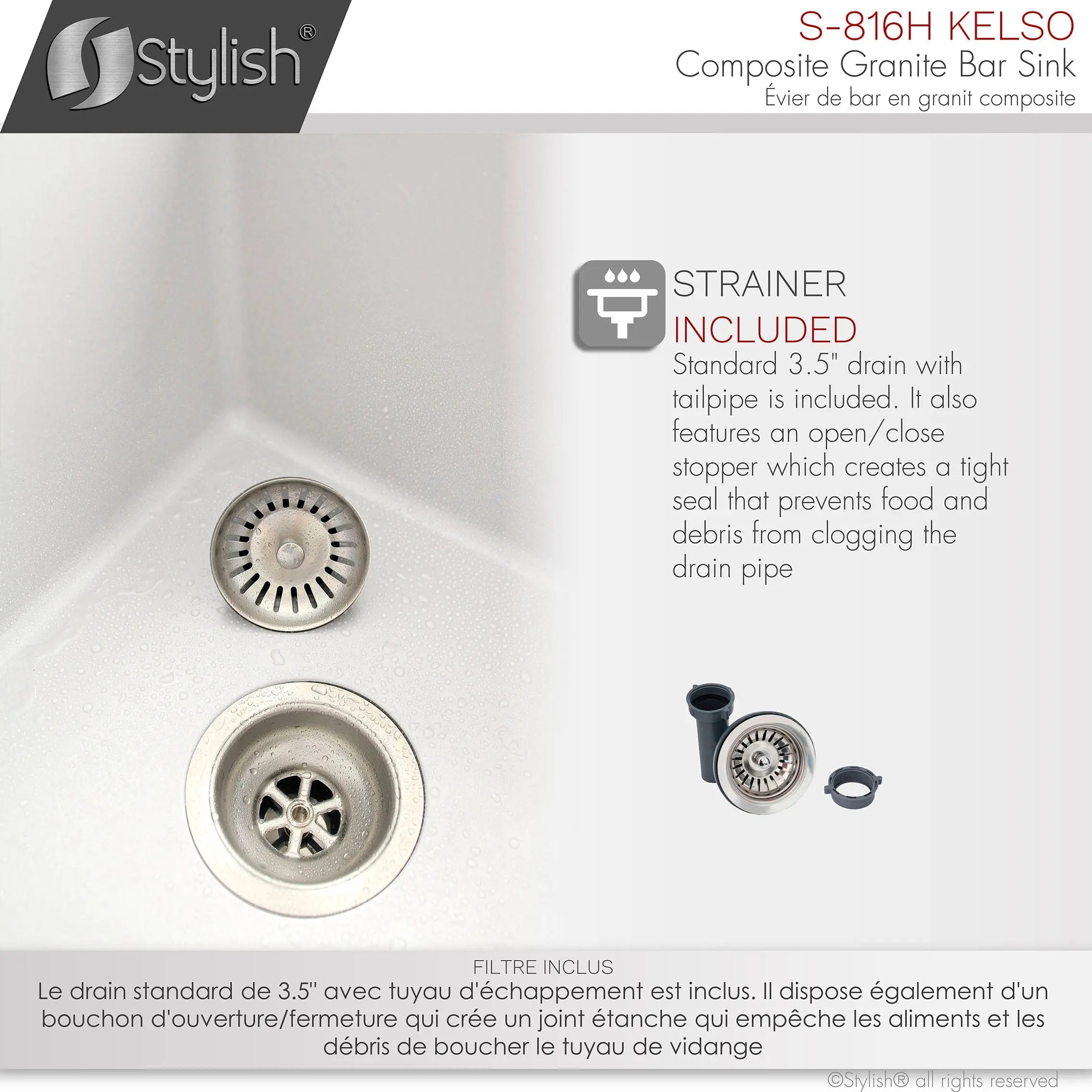 STYLISH 16 inch Dual Mount Single Bowl White Composite Granite Kitchen Sink with Strainer S-816H - Plumbing Market
