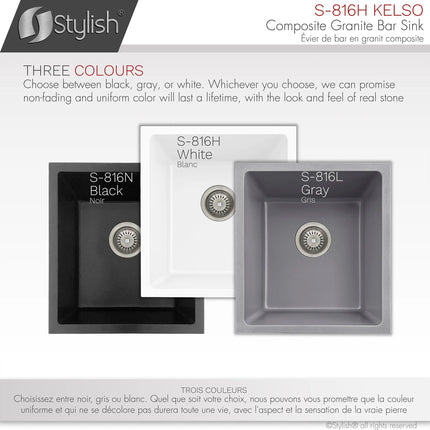 STYLISH 16 inch Dual Mount Single Bowl White Composite Granite Kitchen Sink with Strainer S-816H - Plumbing Market