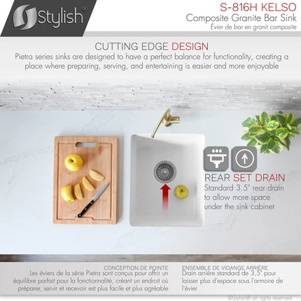 STYLISH 16 inch Dual Mount Single Bowl White Composite Granite Kitchen Sink with Strainer S-816H - Plumbing Market