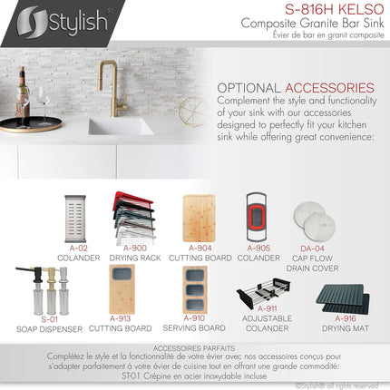 STYLISH 16 inch Dual Mount Single Bowl White Composite Granite Kitchen Sink with Strainer S-816H - Plumbing Market