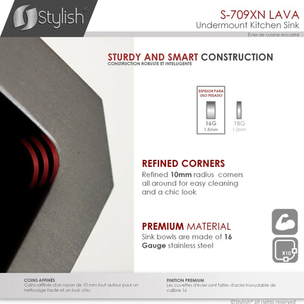 STYLISH 16 inch Graphite Single Bowl Undermount Stainless Steel Kitchen Sink S-709XN - Plumbing Market