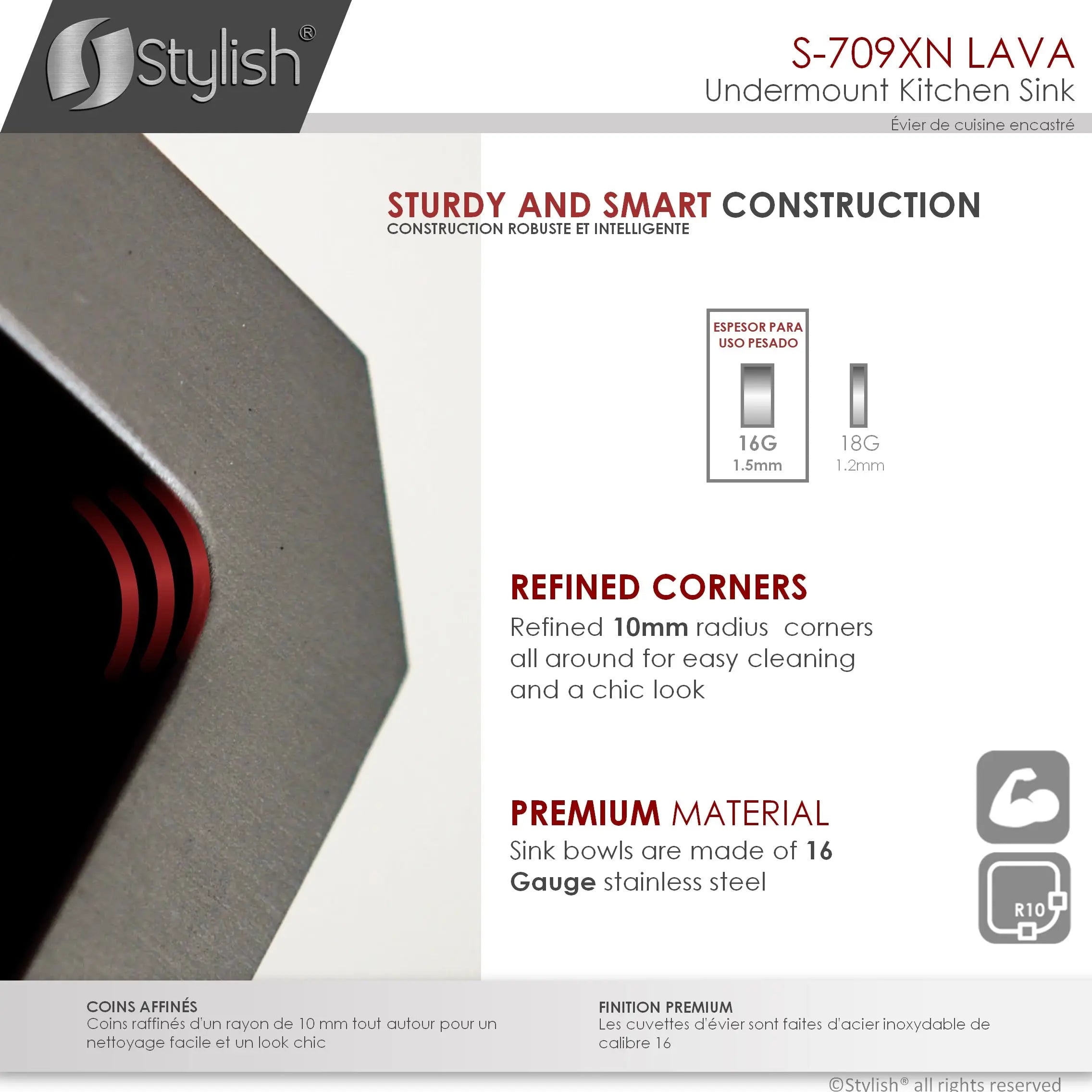 STYLISH 16 inch Graphite Single Bowl Undermount Stainless Steel Kitchen Sink S-709XN - Plumbing Market