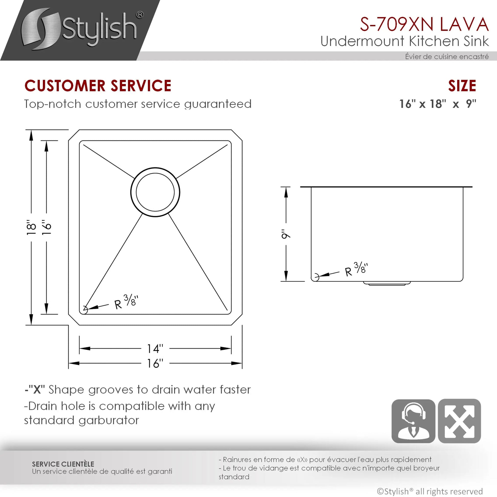 STYLISH 16 inch Graphite Single Bowl Undermount Stainless Steel Kitchen Sink S-709XN - Plumbing Market