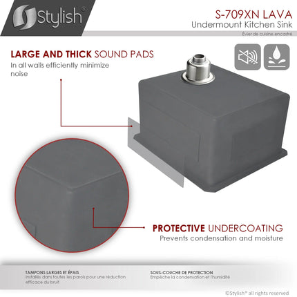 STYLISH 16 inch Graphite Single Bowl Undermount Stainless Steel Kitchen Sink S-709XN - Plumbing Market