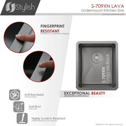 STYLISH 16 inch Graphite Single Bowl Undermount Stainless Steel Kitchen Sink S-709XN - Plumbing Market