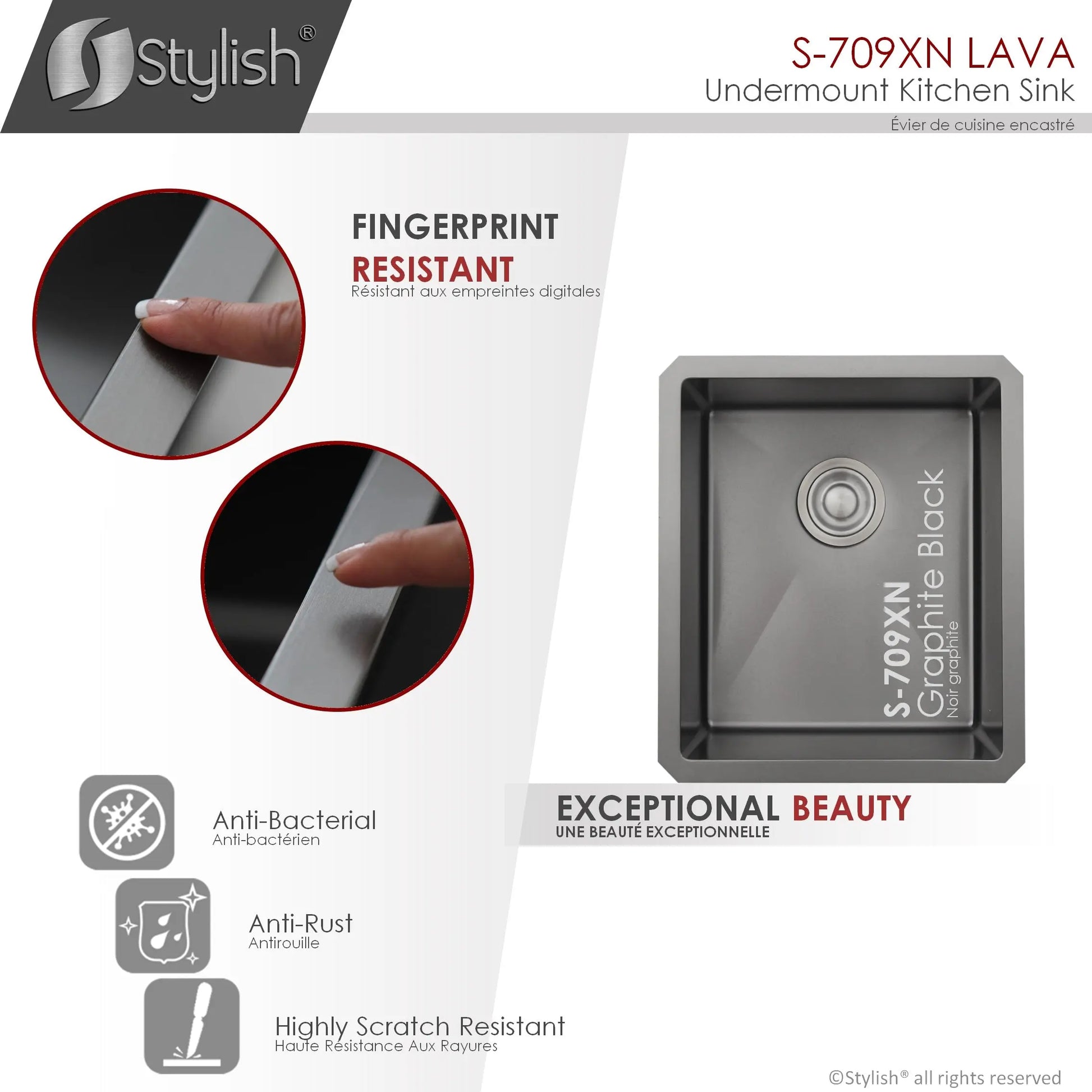 STYLISH 16 inch Graphite Single Bowl Undermount Stainless Steel Kitchen Sink S-709XN - Plumbing Market