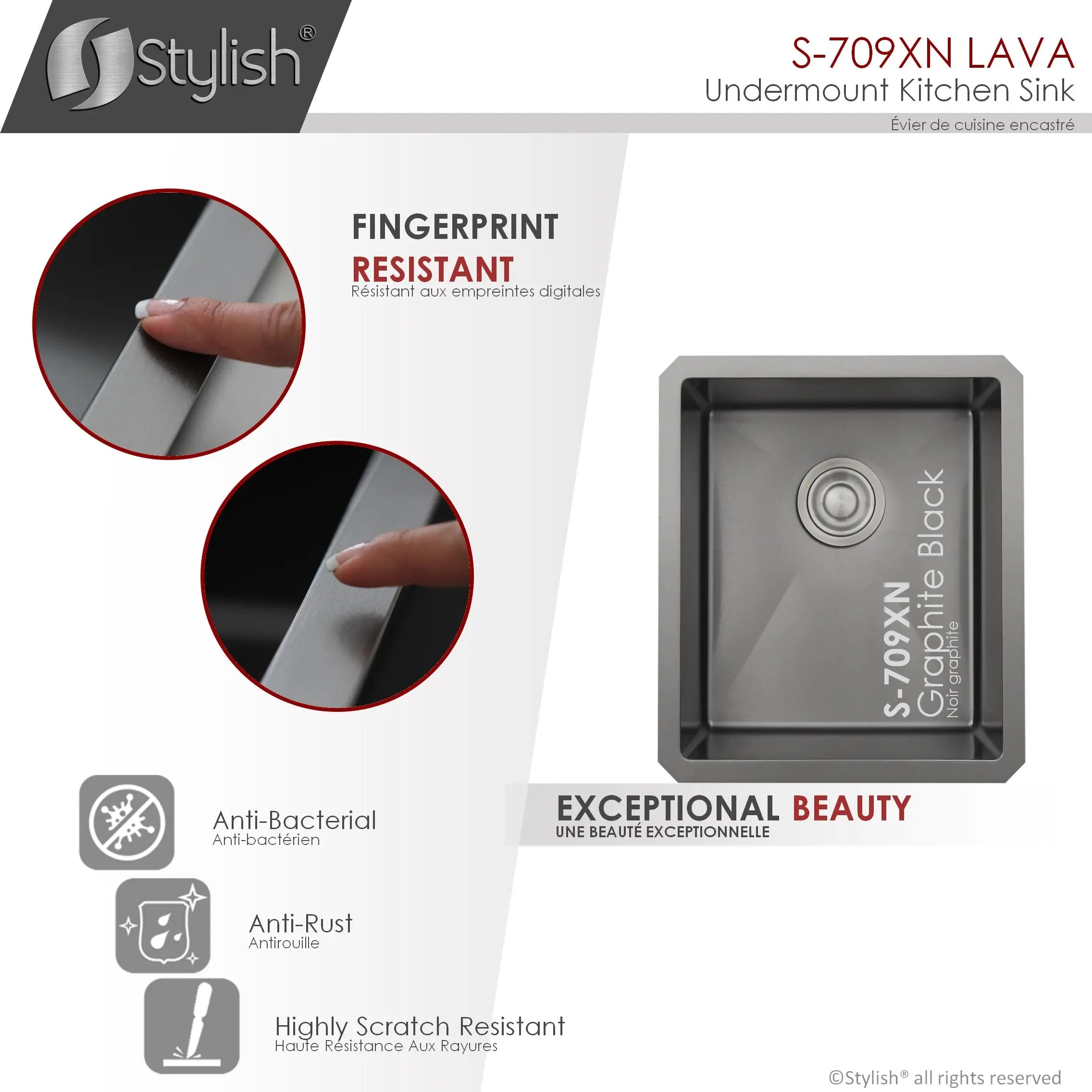 STYLISH 16 inch Graphite Single Bowl Undermount Stainless Steel Kitchen Sink S-709XN - Plumbing Market