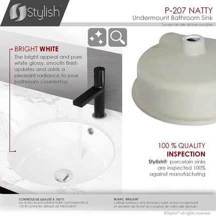 STYLISH 16 inch Round Undermount Ceramic Bathroom Sink with 2 Overflow Finishes P-207 - Plumbing Market