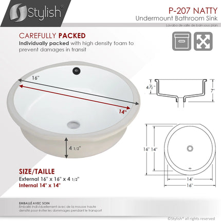 STYLISH 16 inch Round Undermount Ceramic Bathroom Sink with 2 Overflow Finishes P-207 - Plumbing Market