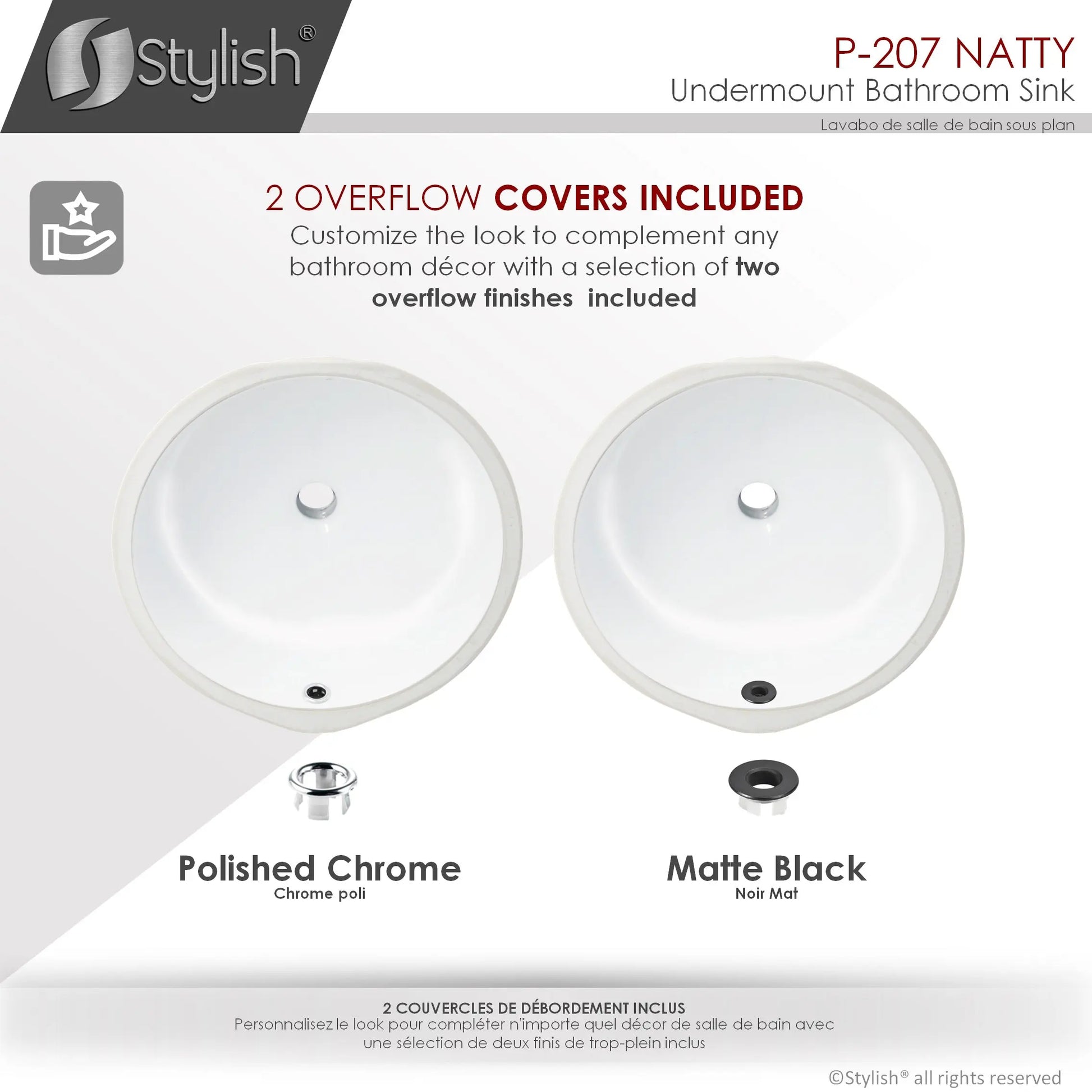 STYLISH 16 inch Round Undermount Ceramic Bathroom Sink with 2 Overflow Finishes P-207 - Plumbing Market