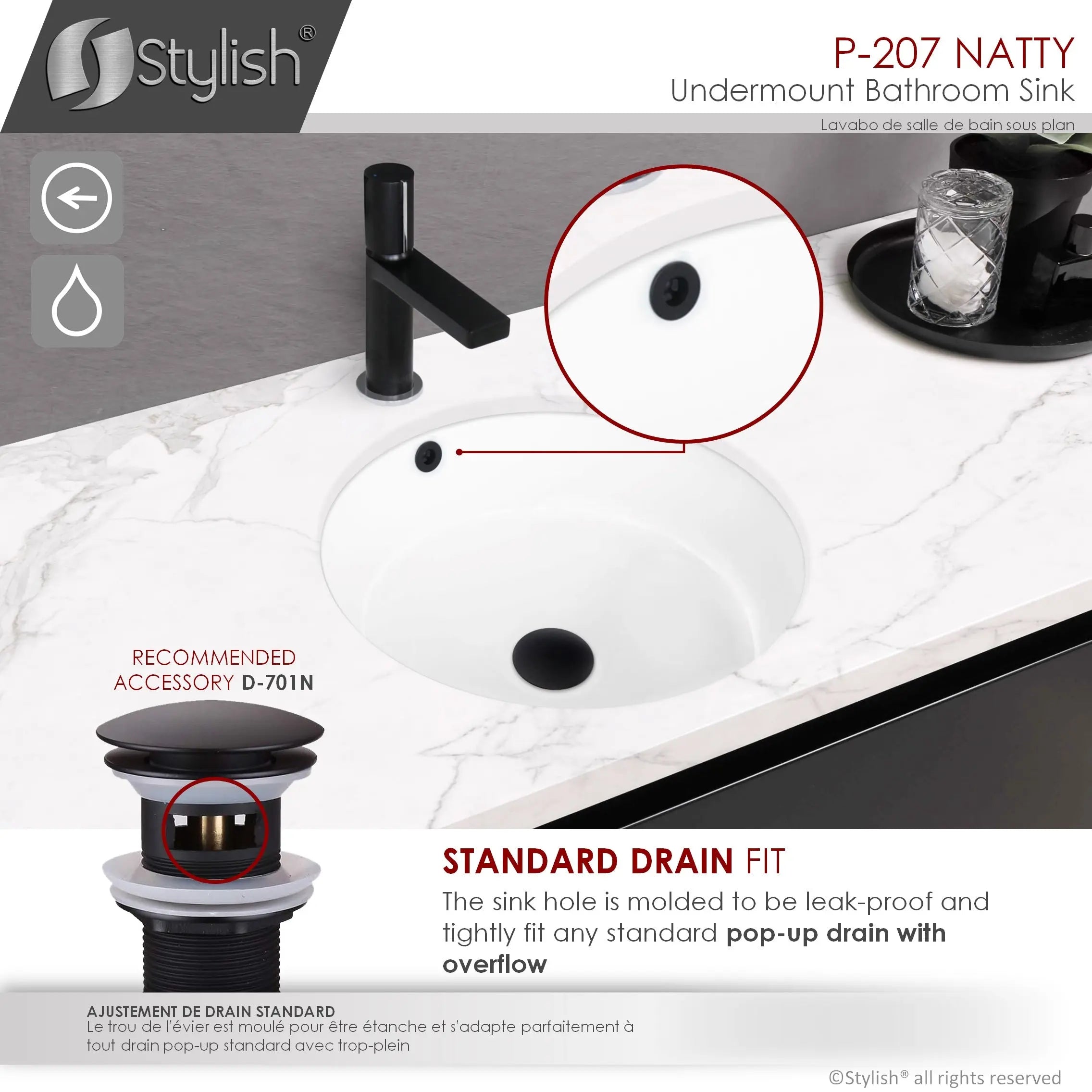 STYLISH 16 inch Round Undermount Ceramic Bathroom Sink with 2 Overflow Finishes P-207 - Plumbing Market