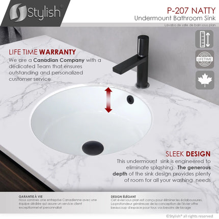 STYLISH 16 inch Round Undermount Ceramic Bathroom Sink with 2 Overflow Finishes P-207 - Plumbing Market