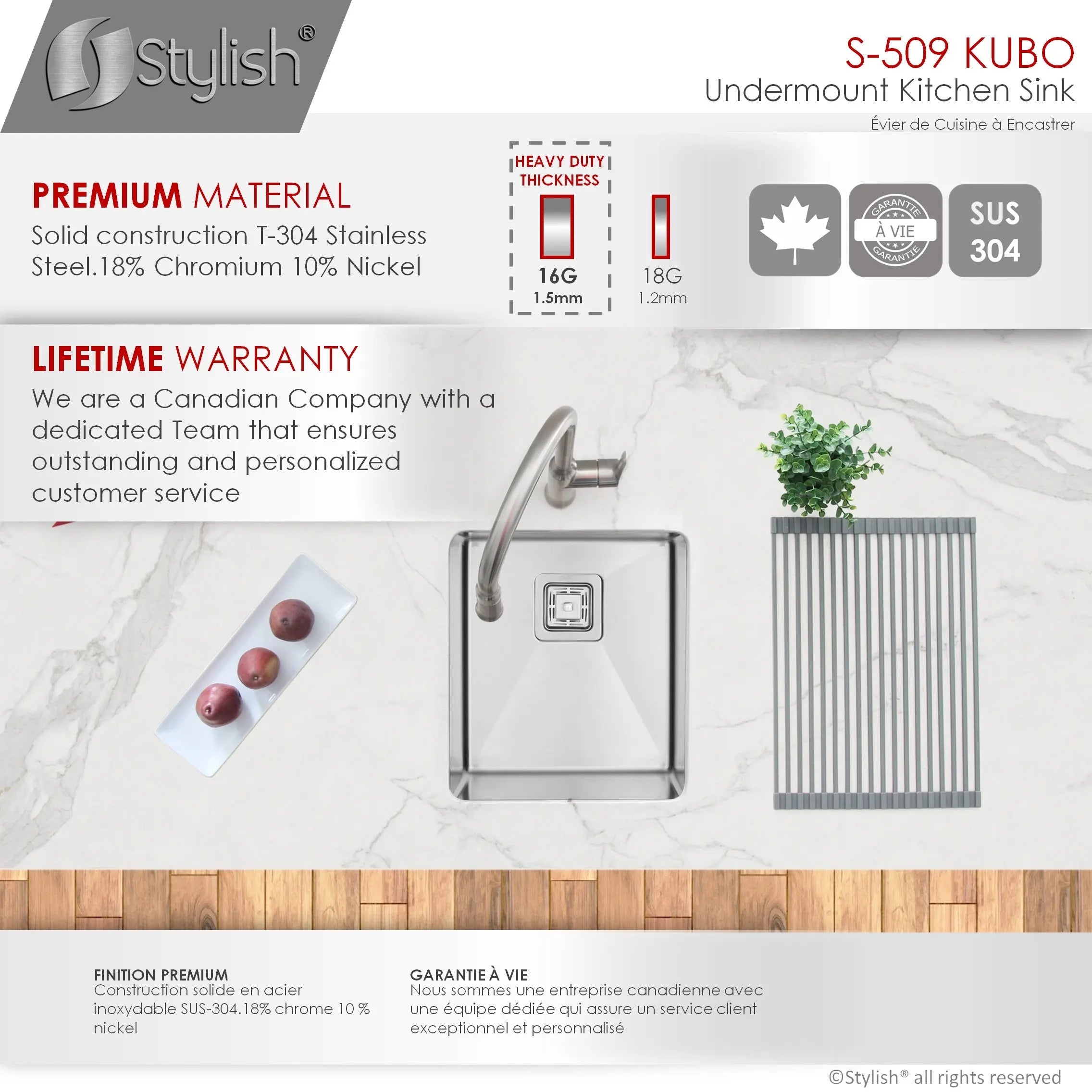 STYLISH 16 inch Single Bowl Stainless Steel Kitchen Sink with Square Strainer S-509XG - Plumbing Market