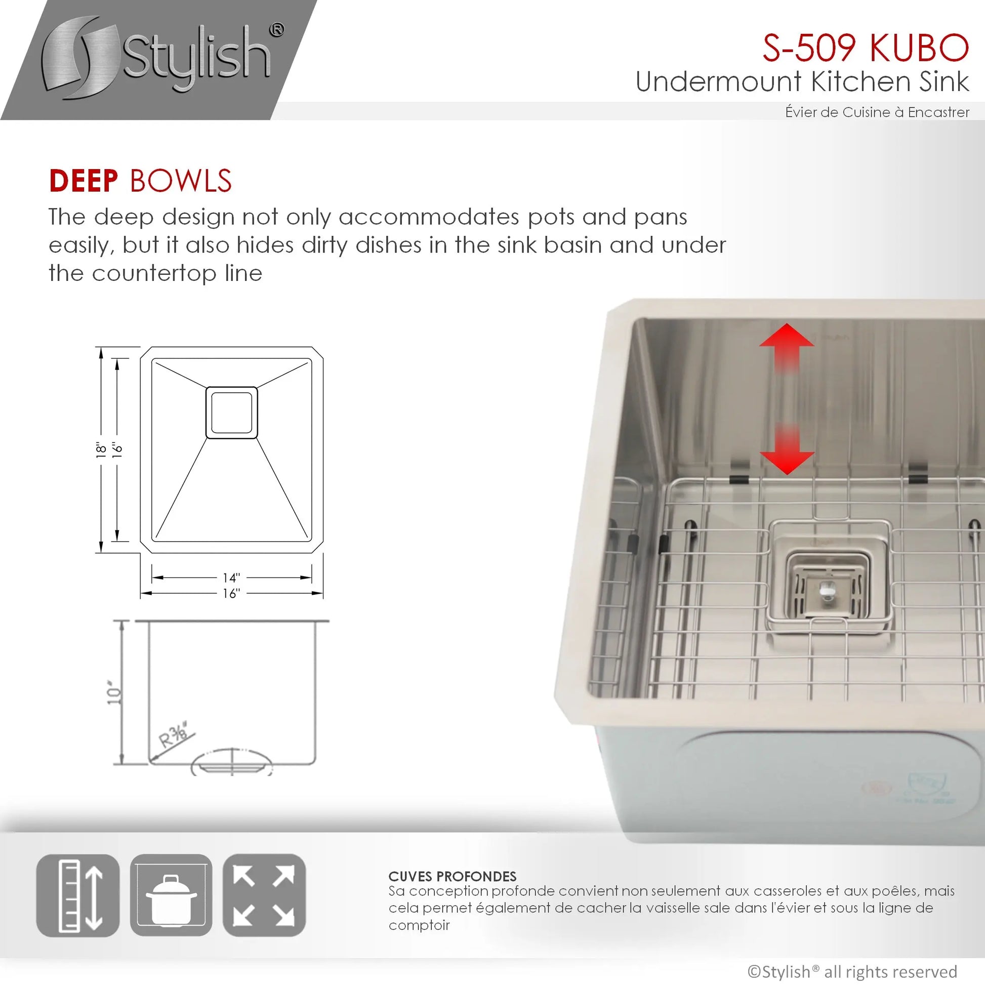 STYLISH 16 inch Single Bowl Stainless Steel Kitchen Sink with Square Strainer S-509XG - Plumbing Market