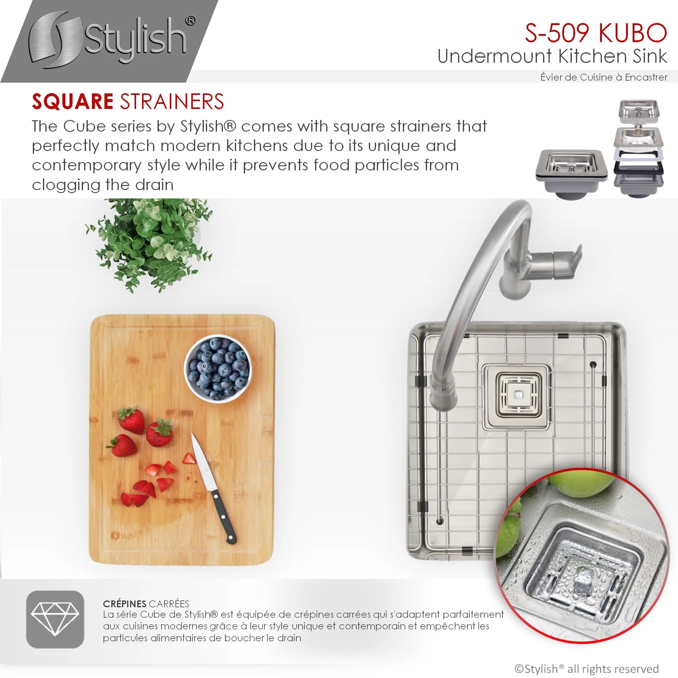 STYLISH 16 inch Single Bowl Stainless Steel Kitchen Sink with Square Strainer S-509XG - Plumbing Market