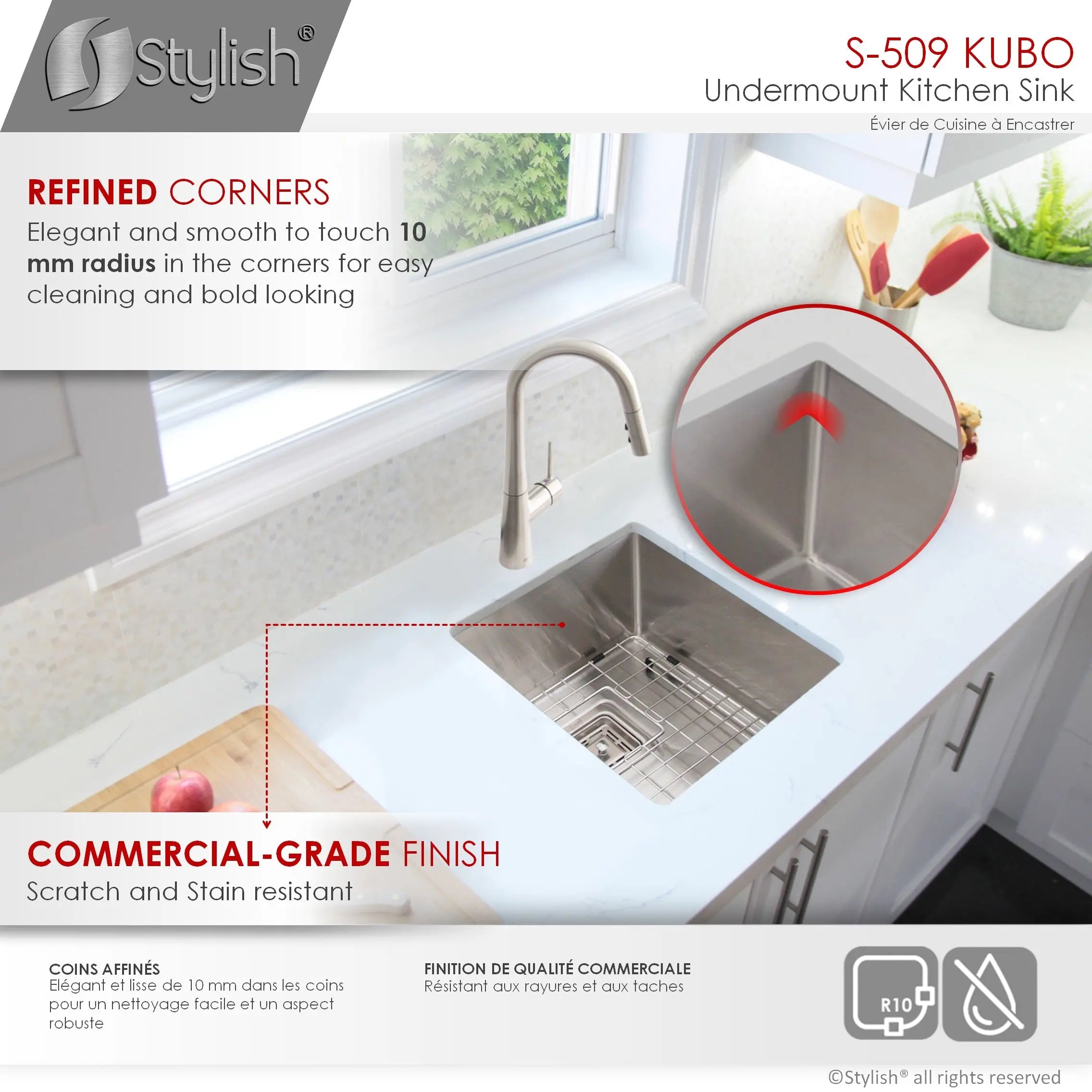 STYLISH 16 inch Single Bowl Stainless Steel Kitchen Sink with Square Strainer S-509XG - Plumbing Market