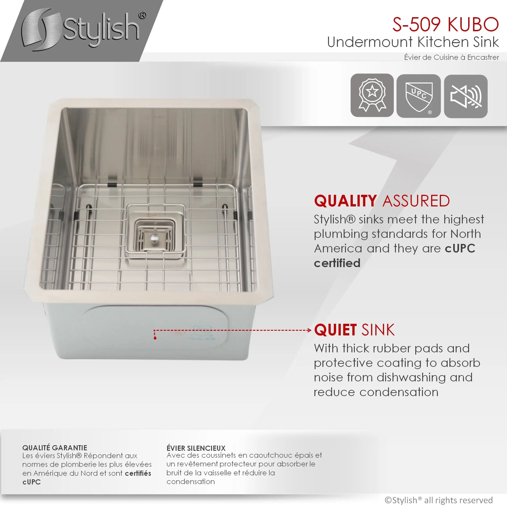 STYLISH 16 inch Single Bowl Stainless Steel Kitchen Sink with Square Strainer S-509XG - Plumbing Market