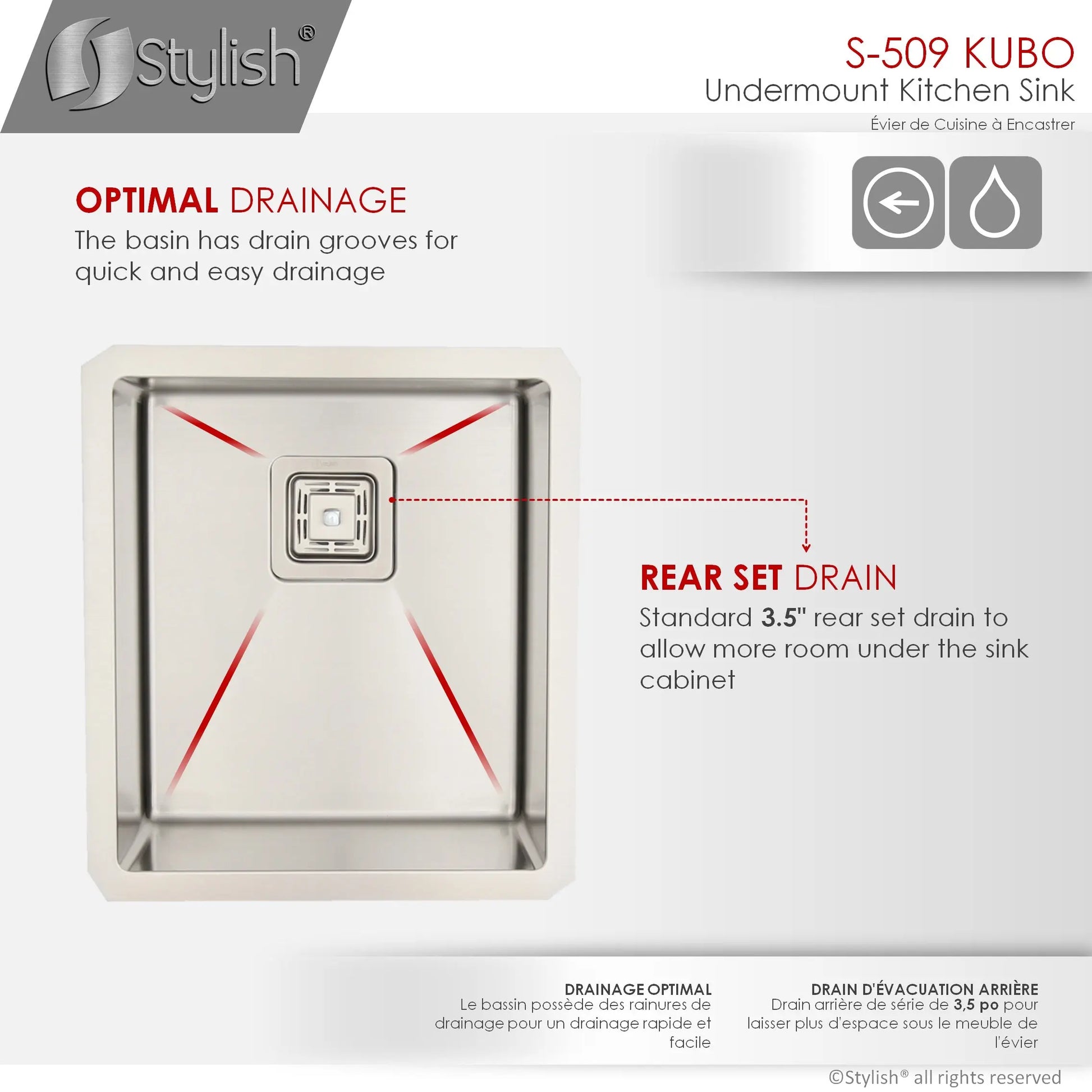 STYLISH 16 inch Single Bowl Stainless Steel Kitchen Sink with Square Strainer S-509XG - Plumbing Market