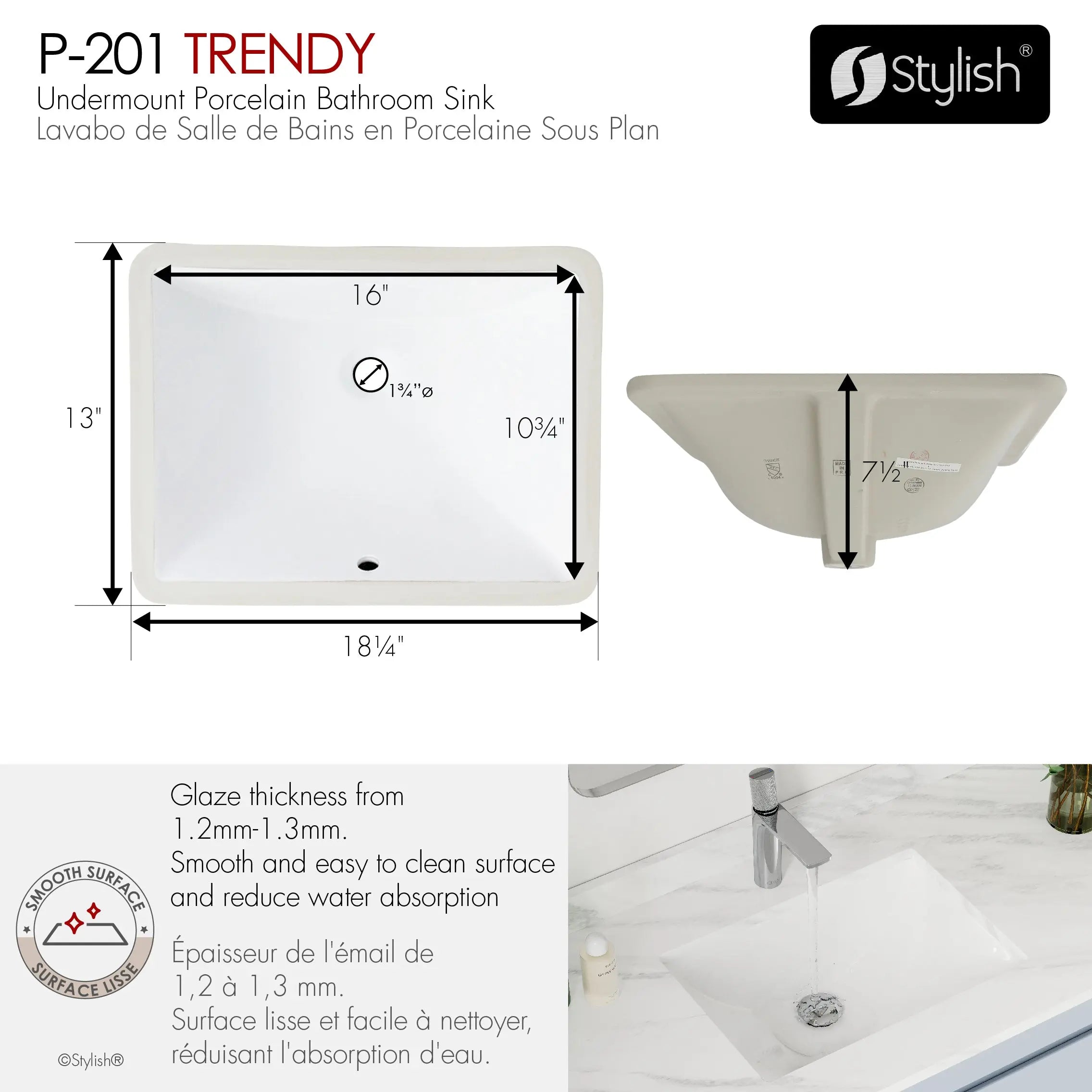 STYLISH 18 inch Rectangular Undermount Bathroom Sink with Overflow Polished Chrome P-201 - Plumbing Market