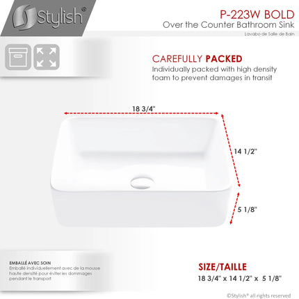 STYLISH 18 inch Rectangular Vessel Bathroom Sink White P-223W - Plumbing Market