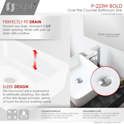 STYLISH 18 inch Rectangular Vessel Bathroom Sink White P-223W - Plumbing Market