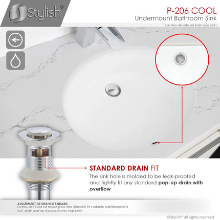 STYLISH 19 inch Oval Undermount Bathroom Sink with Overflow P-206 - Plumbing Market