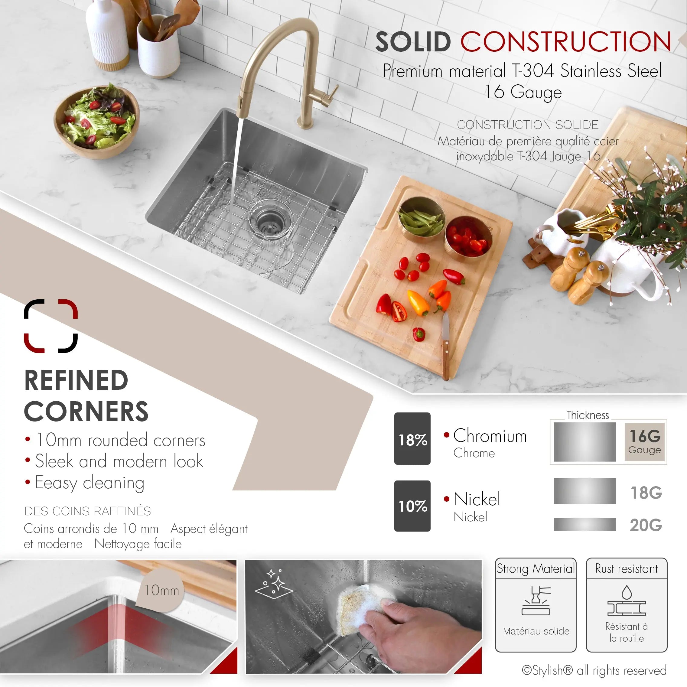 STYLISH 19 inch Single Bowl Undermount Stainless Steel Kitchen Sink Laundry S-308XG - Plumbing Market