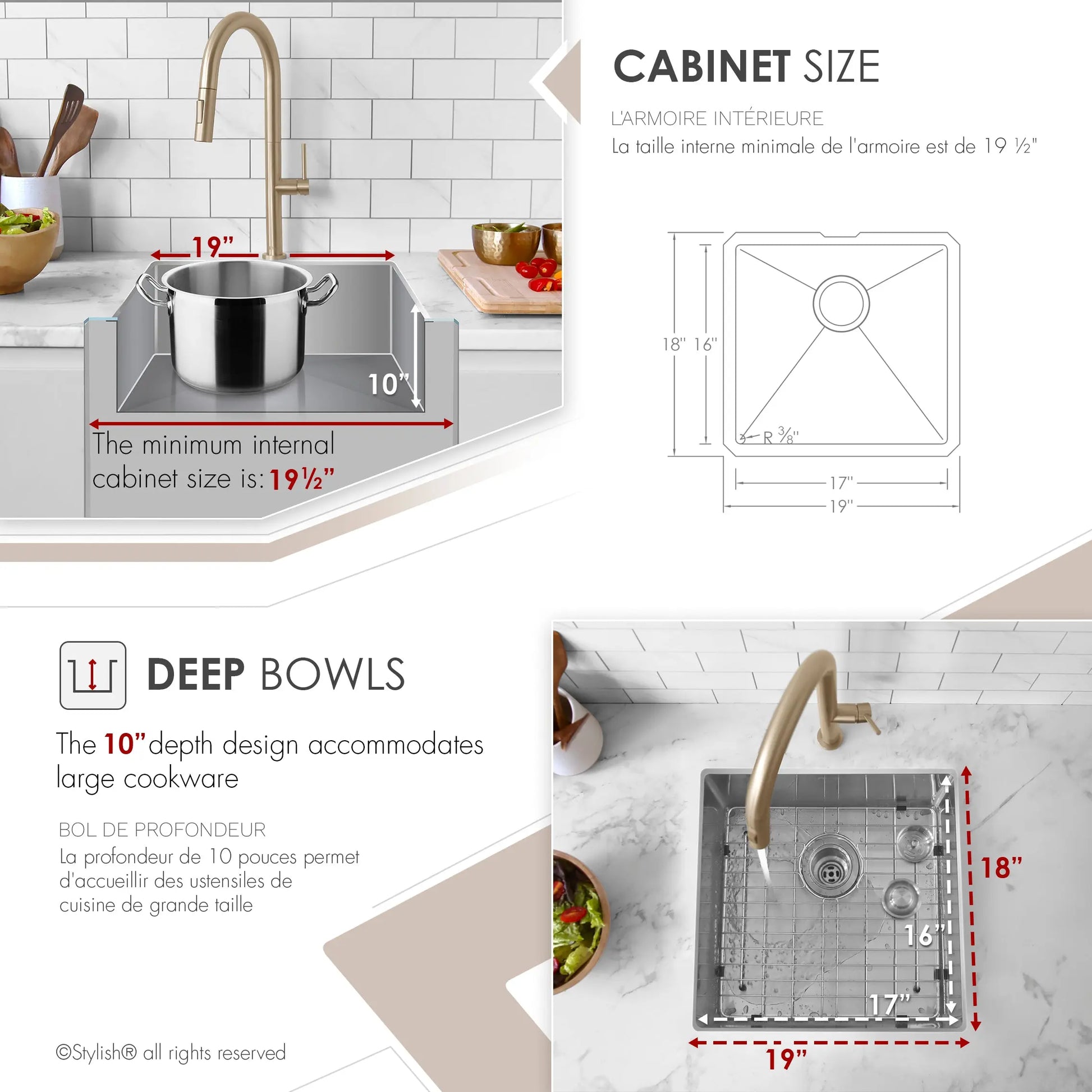 STYLISH 19 inch Single Bowl Undermount Stainless Steel Kitchen Sink Laundry S-308XG - Plumbing Market