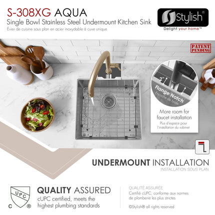 STYLISH 19 inch Single Bowl Undermount Stainless Steel Kitchen Sink Laundry S-308XG - Plumbing Market