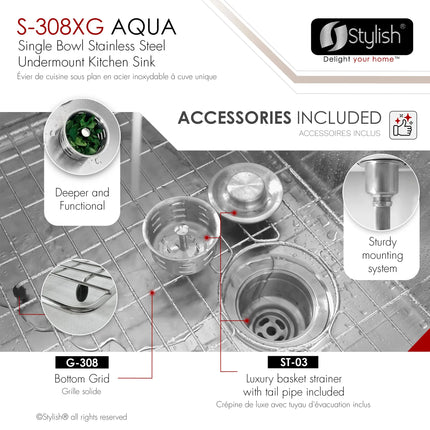 STYLISH 19 inch Single Bowl Undermount Stainless Steel Kitchen Sink Laundry S-308XG - Plumbing Market