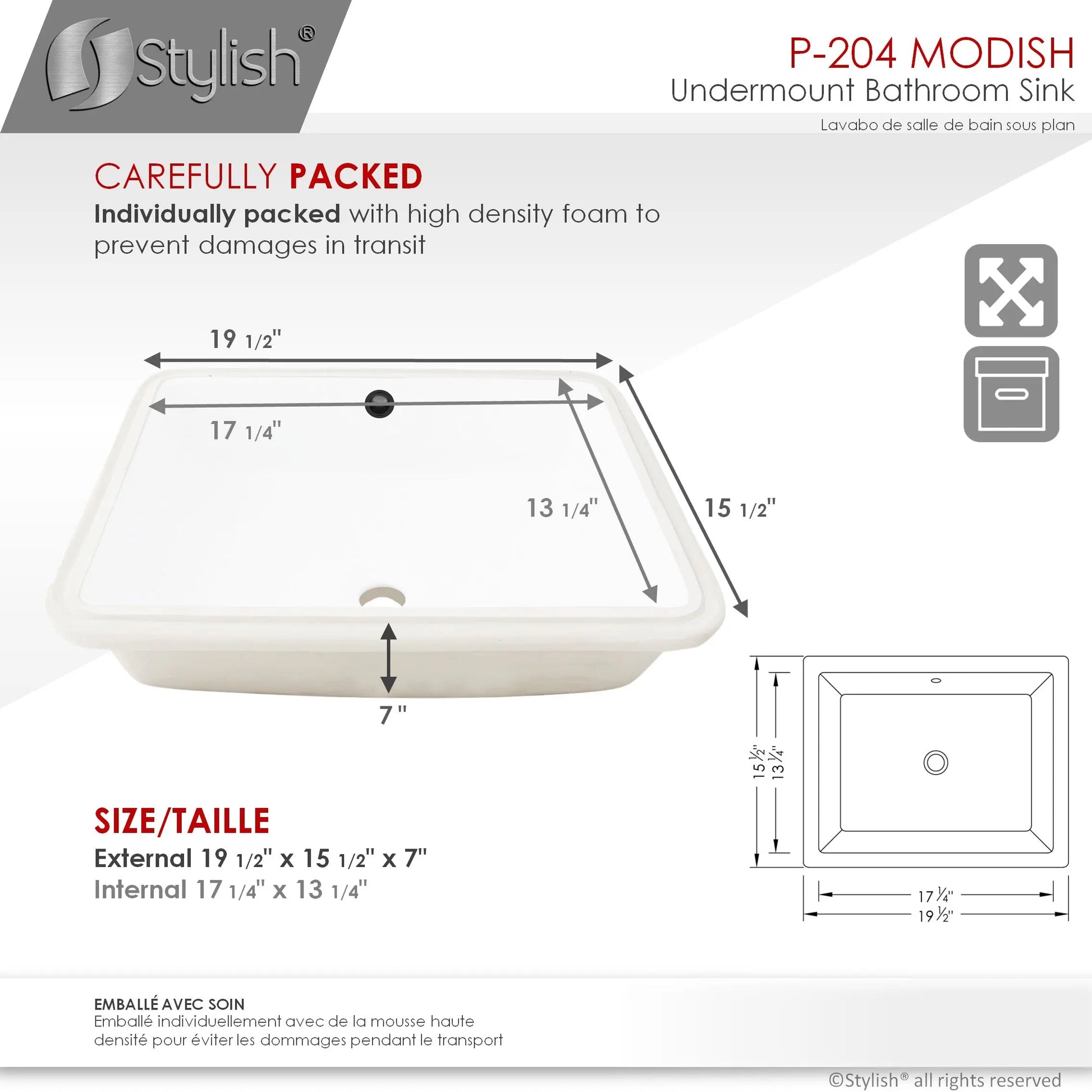 STYLISH 20 inch Rectangular Undermount Bathroom Sink with Overflow P-204 - Plumbing Market