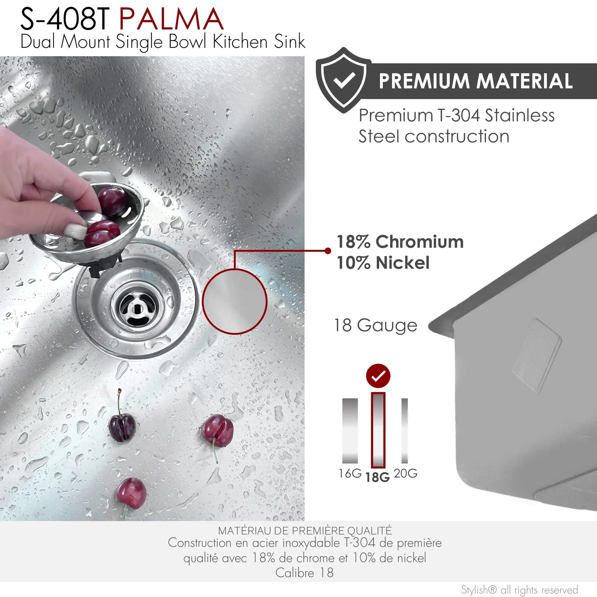 STYLISH 21 inch Single Bowl Undermount and Drop-in Stainless Steel Kitchen Sink S-408T - Plumbing Market