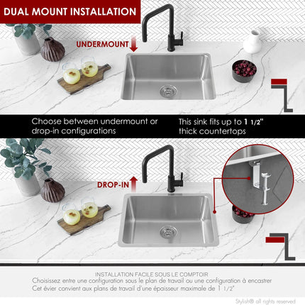 STYLISH 21 inch Single Bowl Undermount and Drop-in Stainless Steel Kitchen Sink S-408T - Plumbing Market