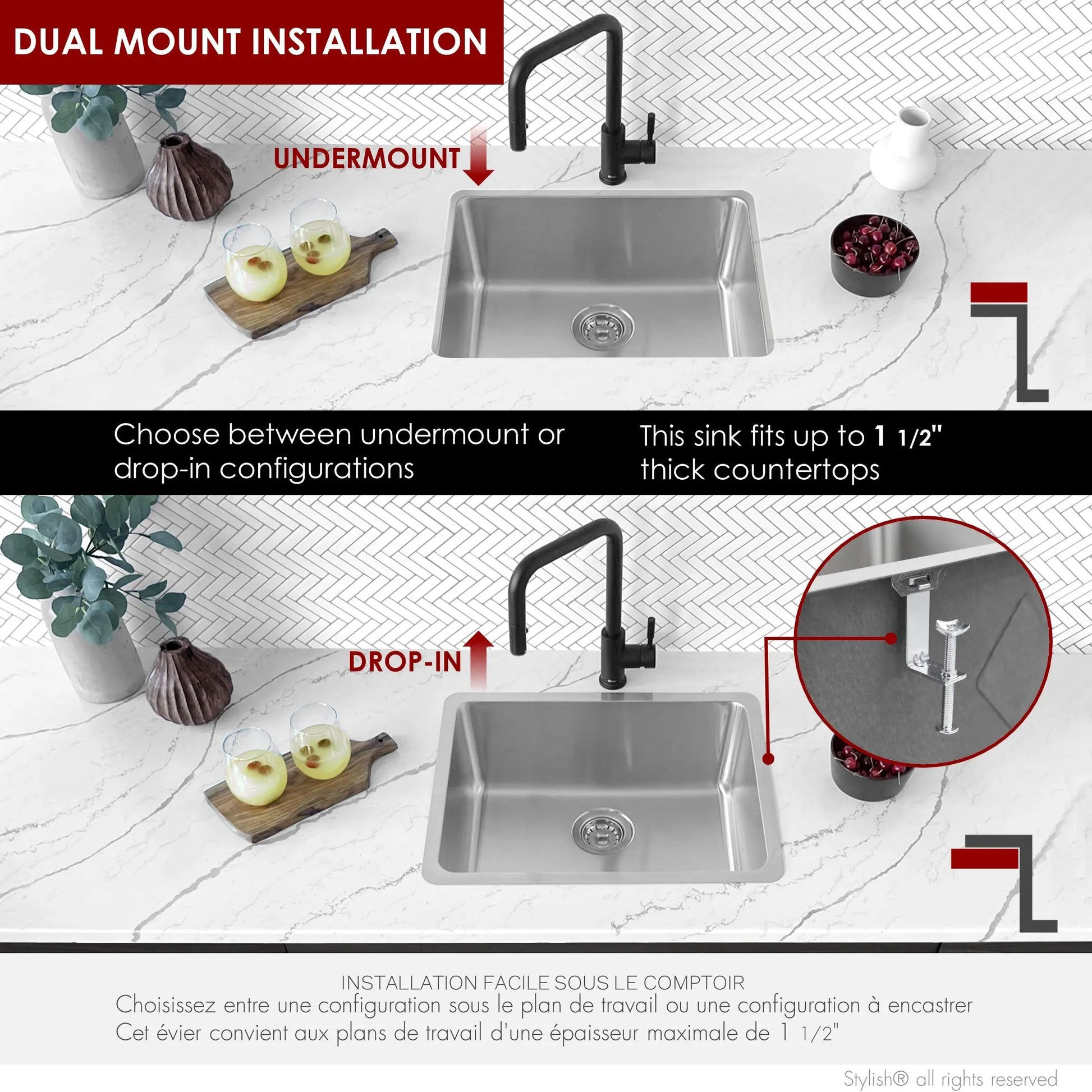STYLISH 21 inch Single Bowl Undermount and Drop-in Stainless Steel Kitchen Sink S-408T - Plumbing Market