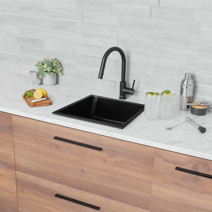 STYLISH 22 inch Dual Mount Single Bowl Black Composite Granite Kitchen Sink with Strainer S-822N - Plumbing Market