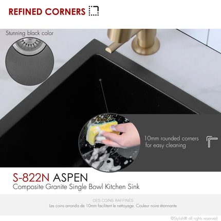 STYLISH 22 inch Dual Mount Single Bowl Black Composite Granite Kitchen Sink with Strainer S-822N - Plumbing Market