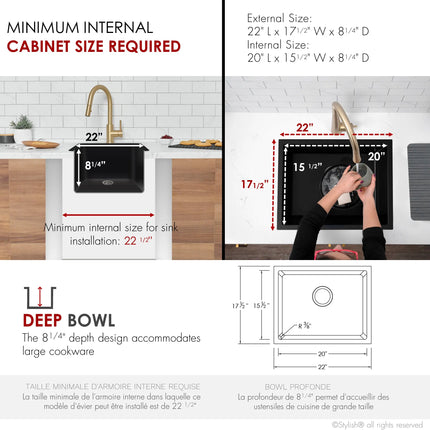 STYLISH 22 inch Dual Mount Single Bowl Black Composite Granite Kitchen Sink with Strainer S-822N - Plumbing Market