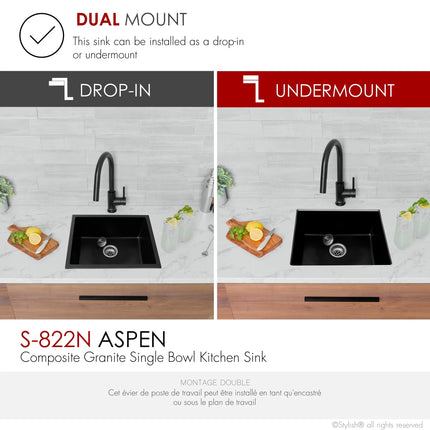 STYLISH 22 inch Dual Mount Single Bowl Black Composite Granite Kitchen Sink with Strainer S-822N - Plumbing Market