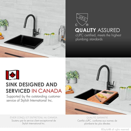 STYLISH 22 inch Dual Mount Single Bowl Black Composite Granite Kitchen Sink with Strainer S-822N - Plumbing Market