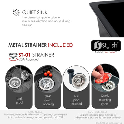 STYLISH 22 inch Dual Mount Single Bowl Black Composite Granite Kitchen Sink with Strainer S-822N - Plumbing Market