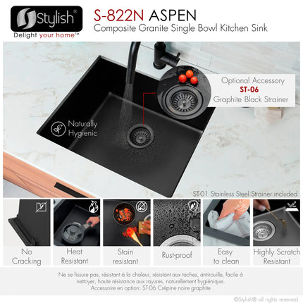 STYLISH 22 inch Dual Mount Single Bowl Black Composite Granite Kitchen Sink with Strainer S-822N - Plumbing Market